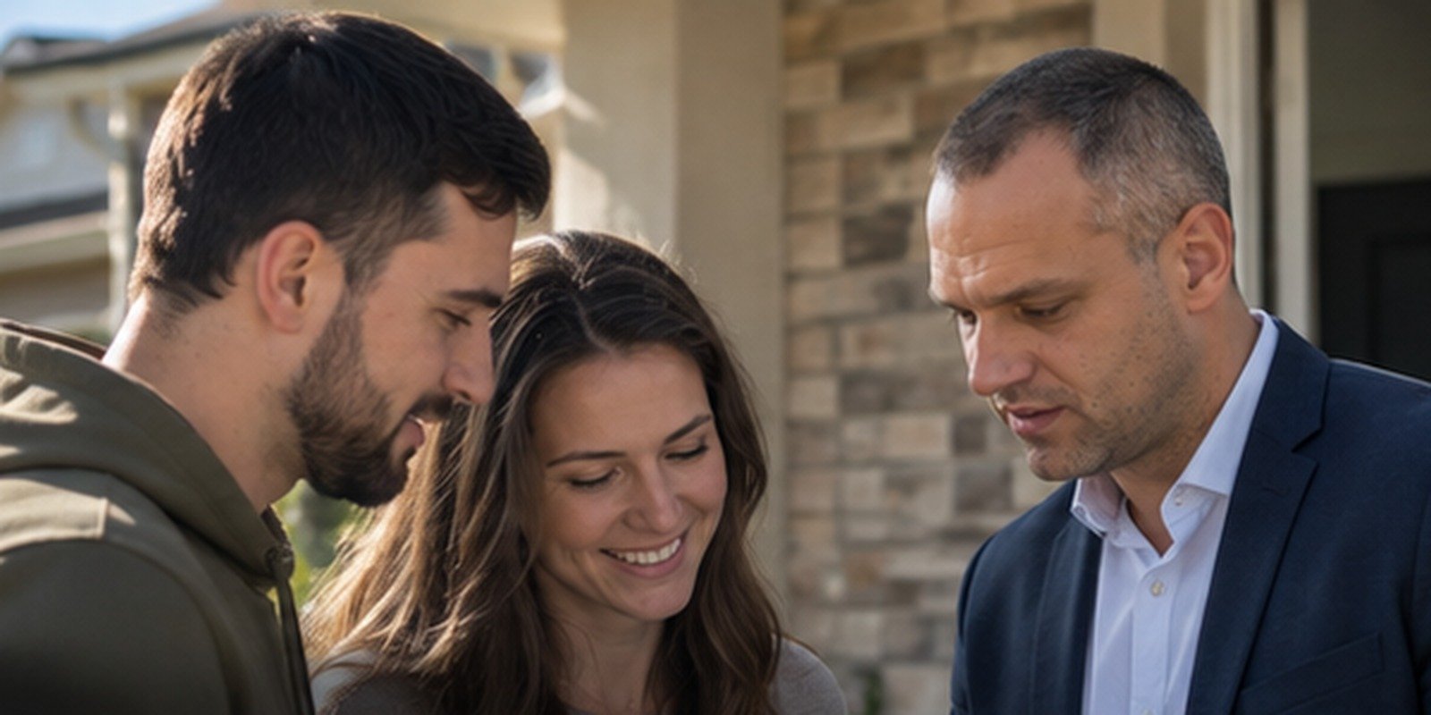 First-time homebuyers reviewing FHA financing outside a home