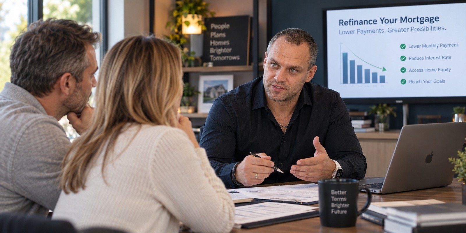 Mortgage refinance consultation with homeowners
